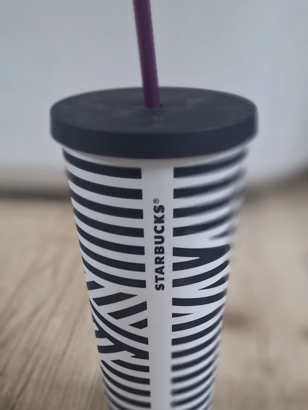 Starbucks Black & White Striped Tumbler with Purple Straw